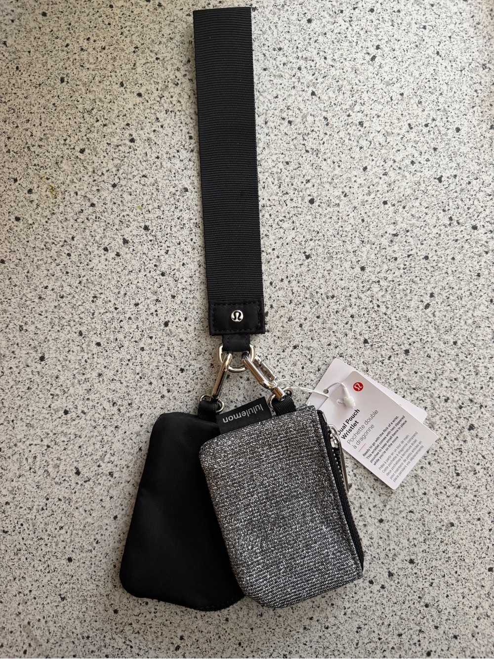 lululemon silver metallic and black dual pouch wristlet keychain